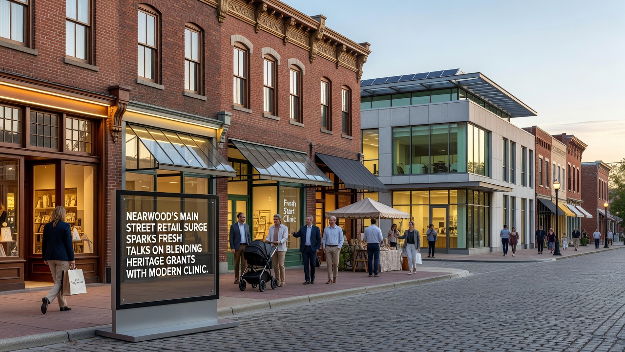 Historic storefronts on Nearwood Main Street with signage indicating upcoming mixed-use redevelopment